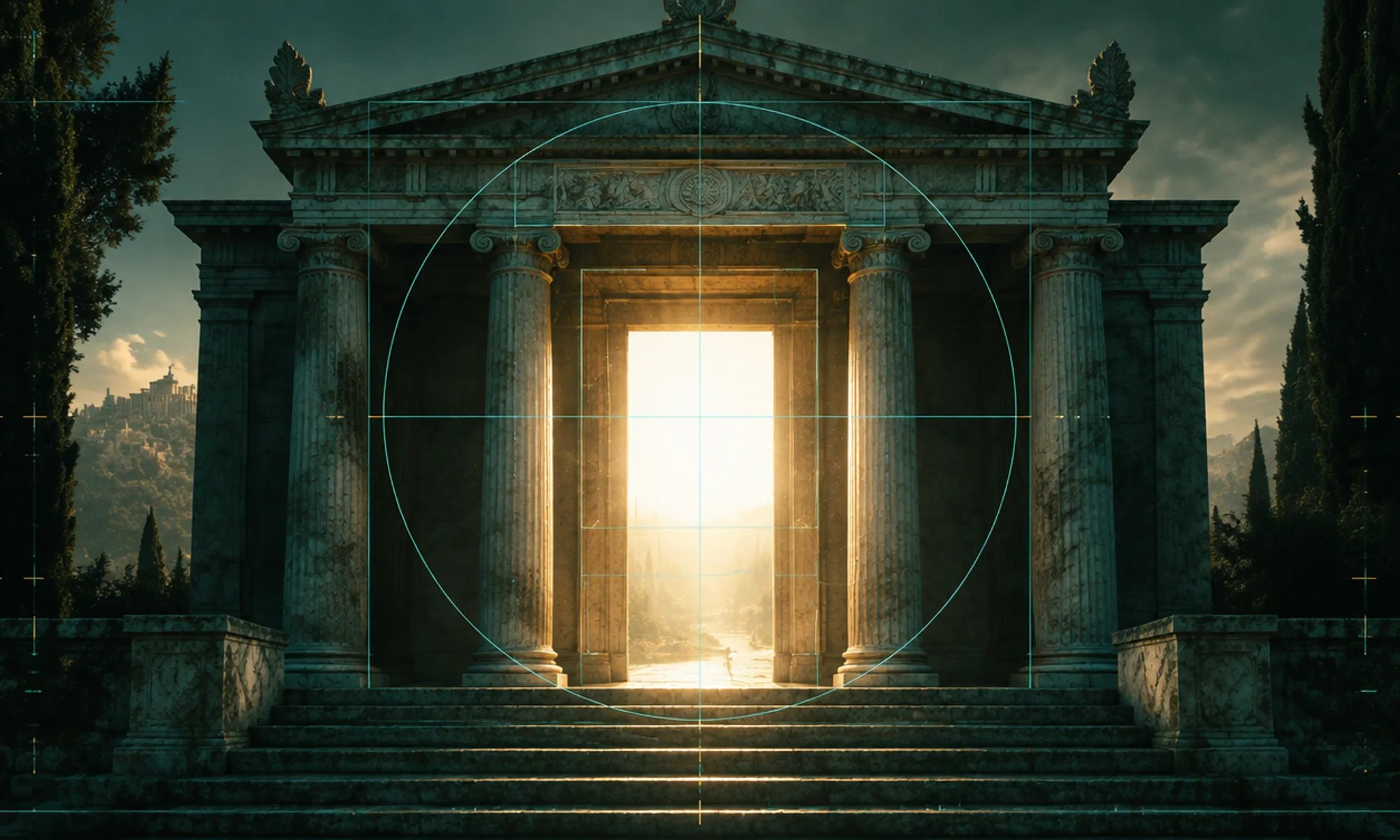 Portal monumental de mármore com luz quente atravessando a abertura central
