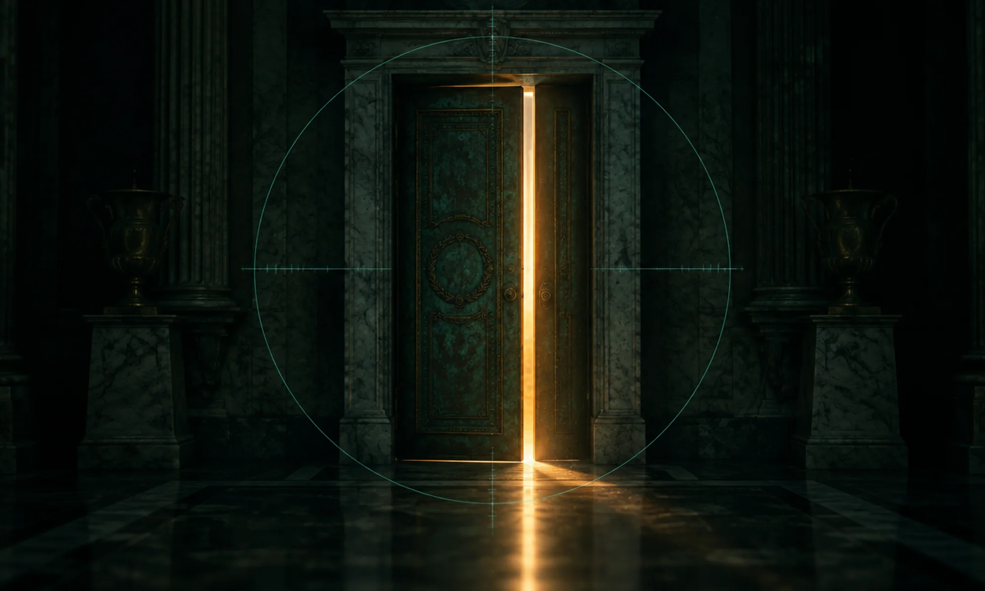 Porta de bronze com pátina entreaberta, com luz quente escapando pela fresta