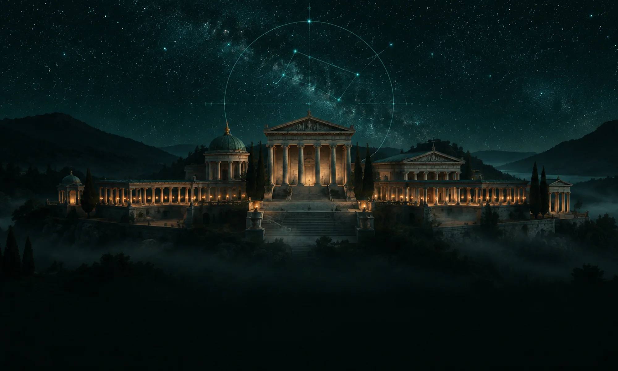 O santuário de mármore visto à noite sob um céu estrelado, com lamparinas acesas ao longo da colunata