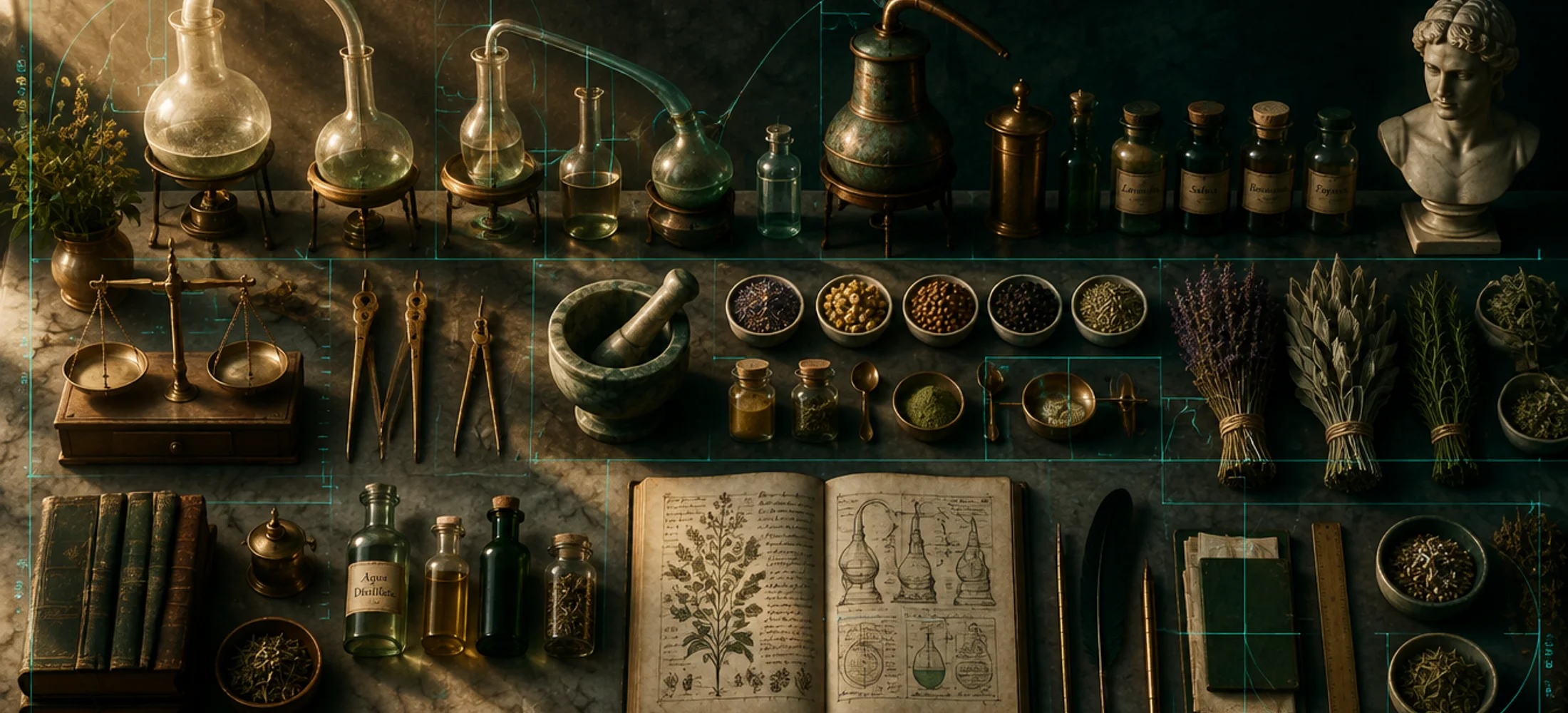 Bancada de alquimista vista de cima, com instrumentos em fileiras