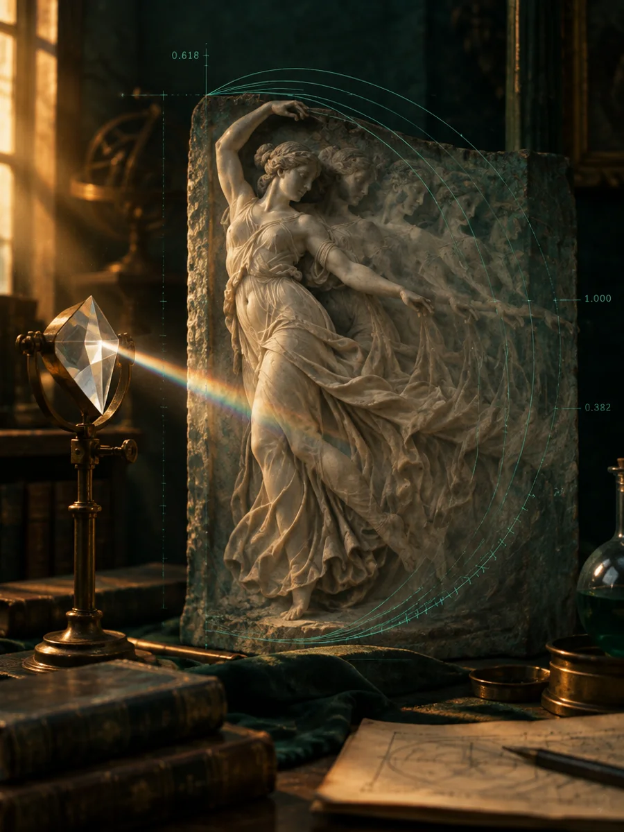 Relevo de figura dançante com um prisma refratando luz sobre a pedra